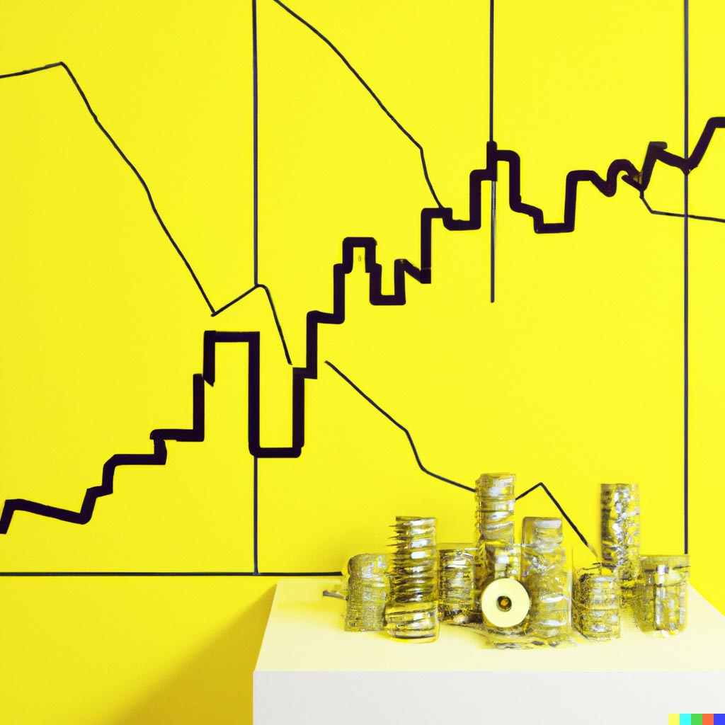 DALL·E prompt: Crypyo coins and a line graph floating in a yellow room, highly detailed 3d digital art [yes, crypyo was a typo]
